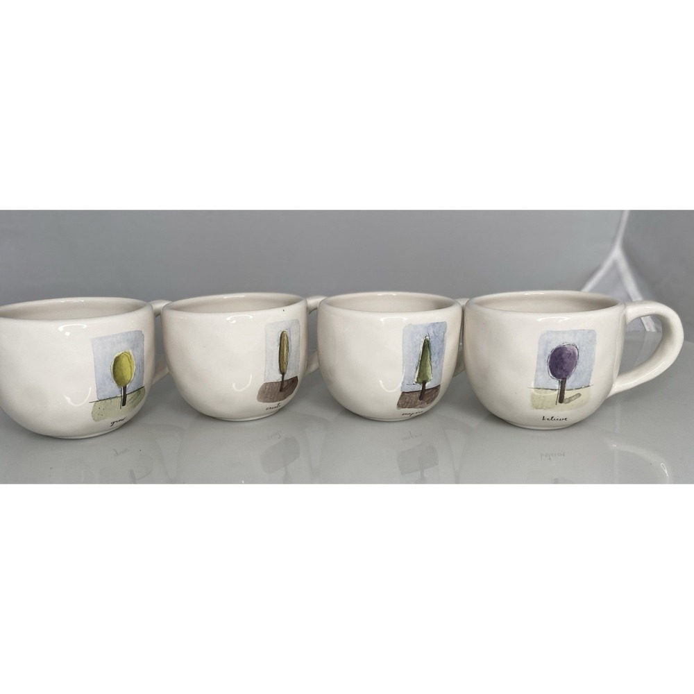 4 Pottery Barn Tea Garden Mugs Grow Create Inspire Believe Designed by Rae Dunn